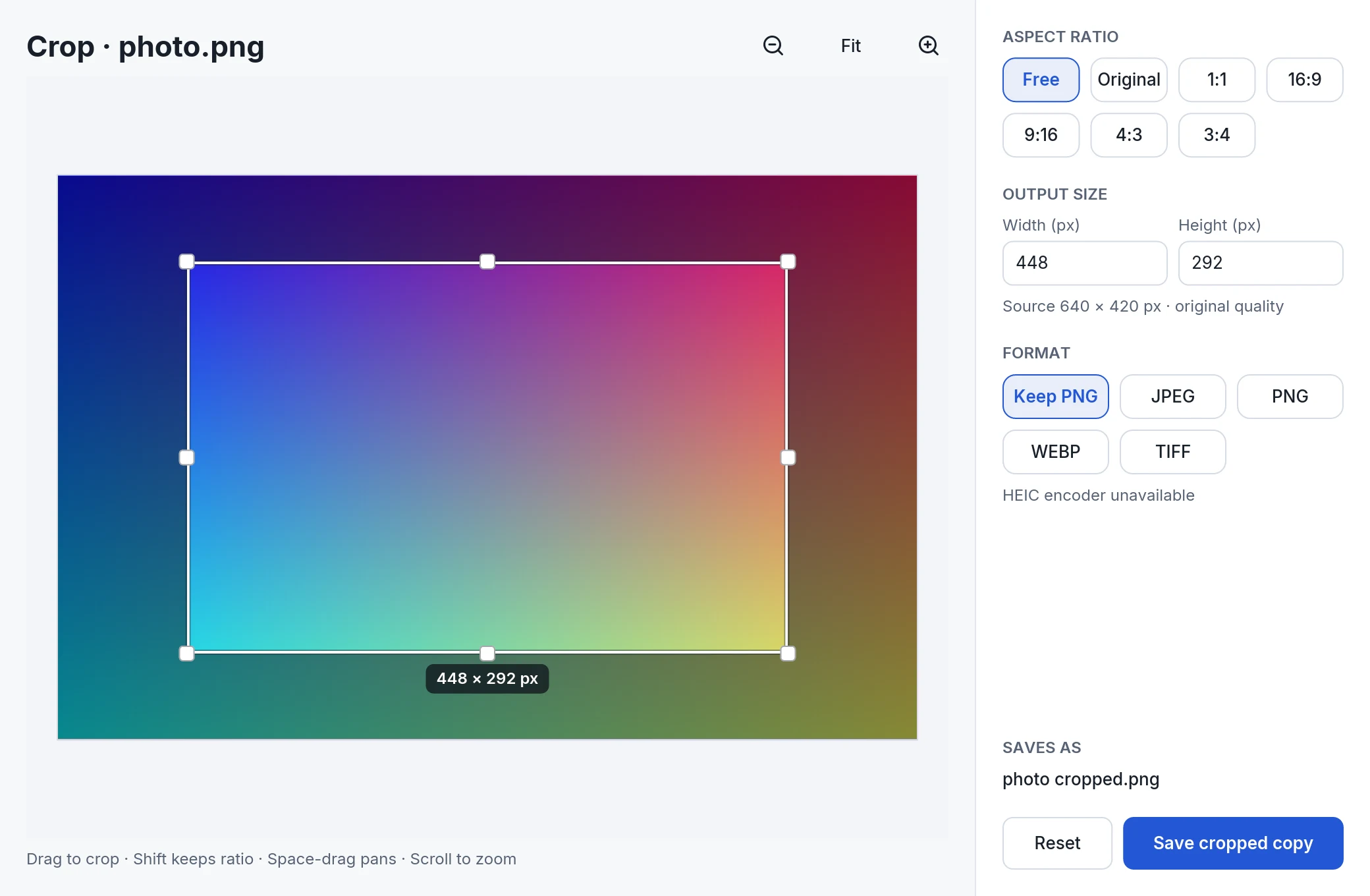 Flickdial Crop editor with crop handles and aspect ratio controls.