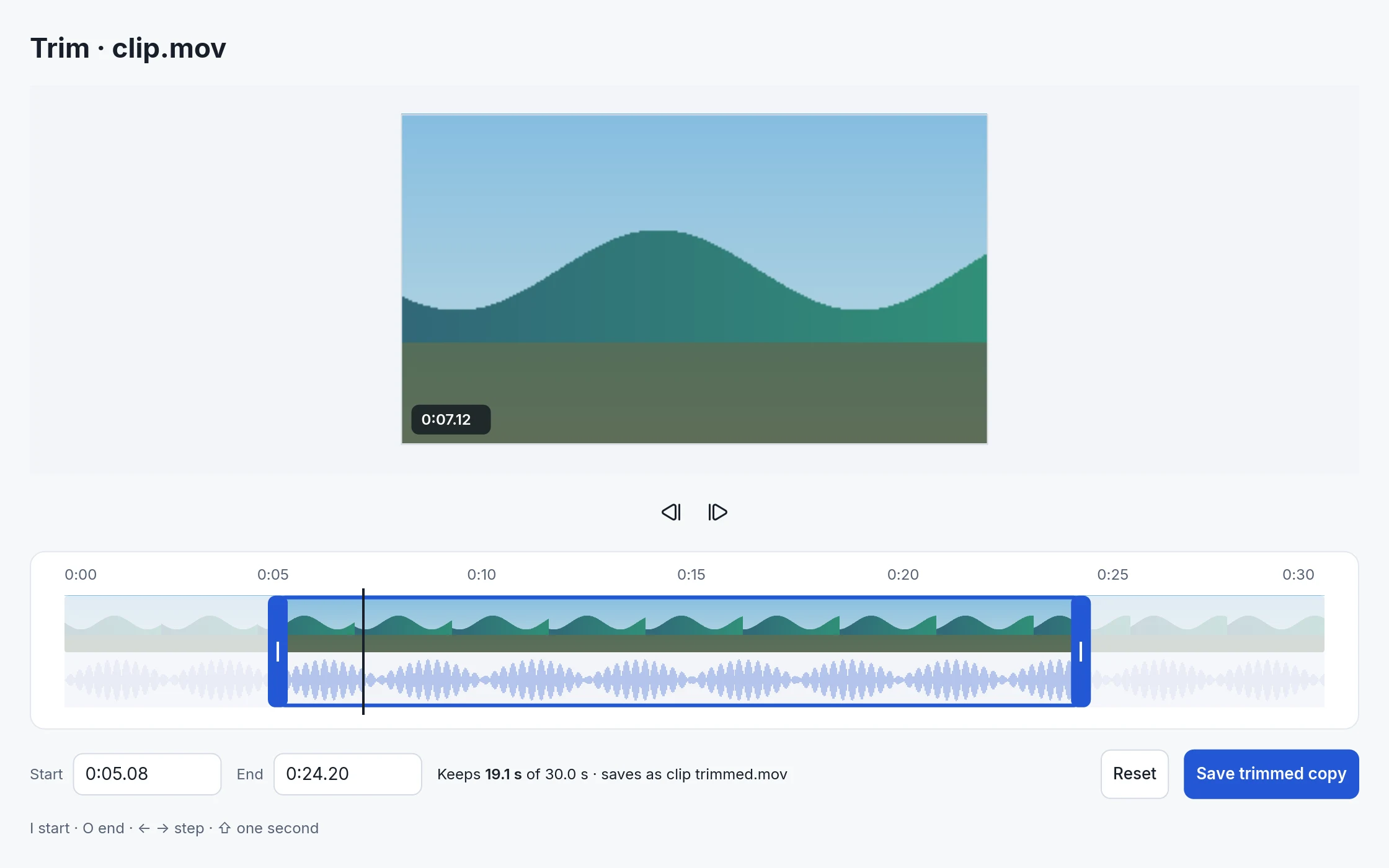 Flickdial Trim editor showing a preview, waveform and selected start and end points.